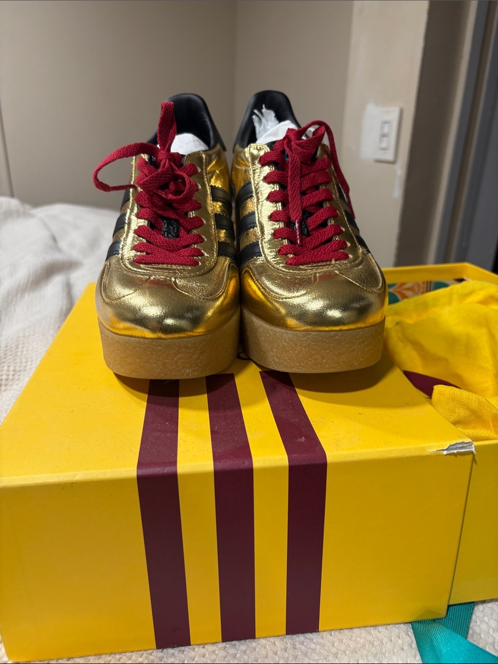 Gucci Metallic Gold Platform Sneakers with Red Laces - Picture 1 of 5